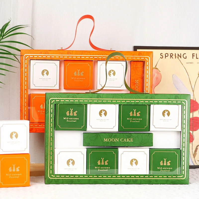 New Design 6 Holes Orange Yolk Pastry Packaging Green Moon Cake Gift Box With Handle