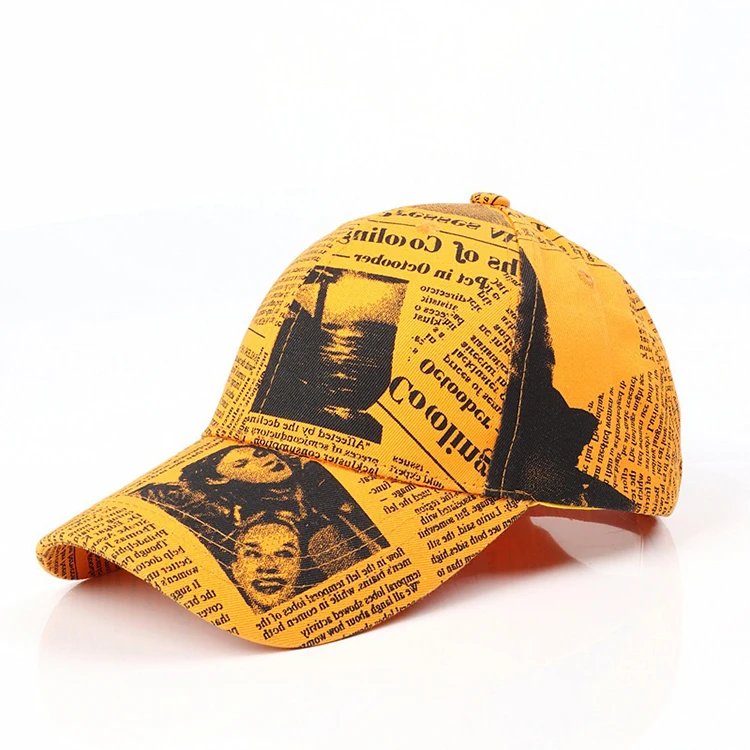 manufacture custom unisex outdoor washed newspaper print sport baseball cap colored cotton 6 panel dad hat and cap for men women