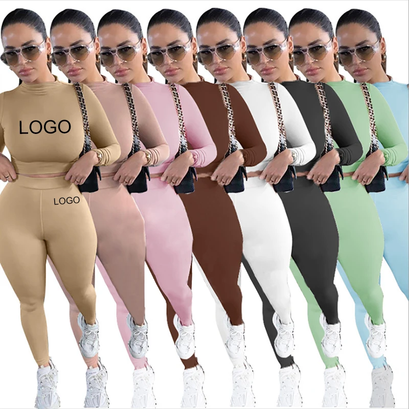 Custom Logo Fall Spring Casual Turtleneck Pants Two Piece Set Women Clothing Wholesale Clothes Fashionable Bodysuits for Women