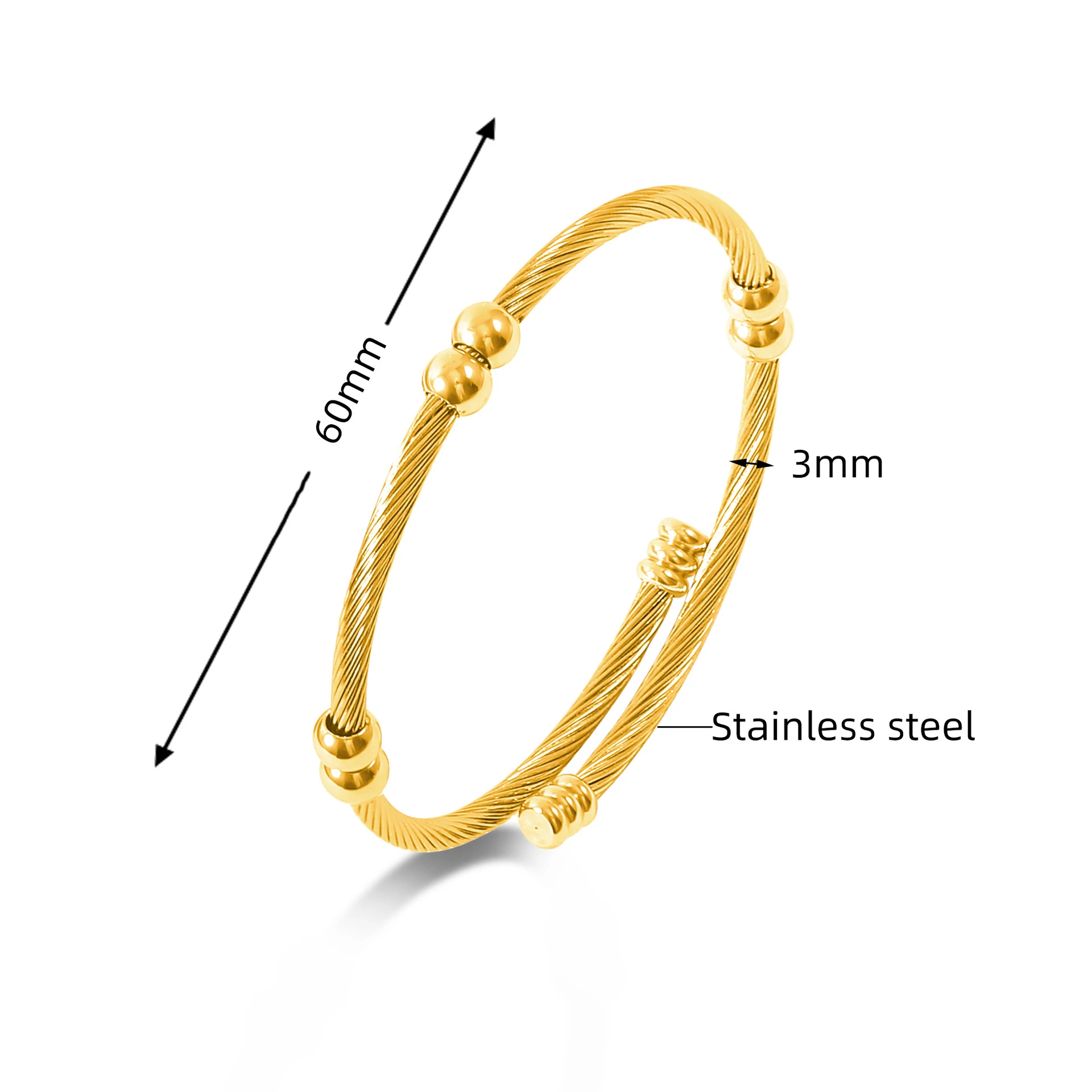 Hot Selling Fashion Waterproof Wire Beads Bracelet Adjustable 18K Gold Plated Stainless Steel Twisted Cable Cuff Bracelet Bangle