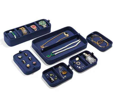 Navy blue multi-layer jewelry body storage box luxury pillow leather jewelry multi-purpose travel box