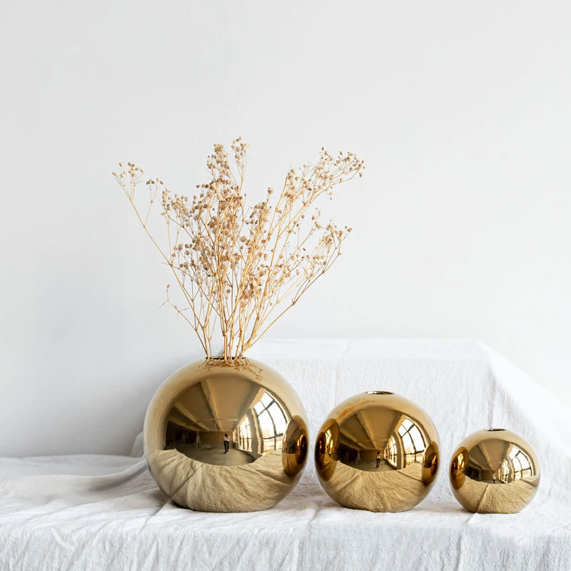Golden Electroplated Ceramic Ball Flower Vase Interior Modern Decorative Vase For Home Living Room
