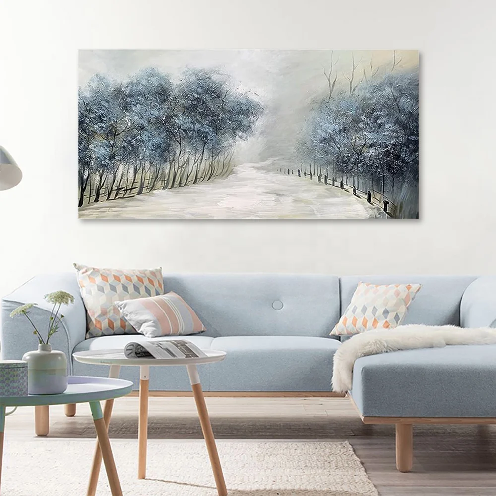 Winter snow landscape hand-painted wall art Blue tree oil painting rural natural art works living room bedroom home decoration