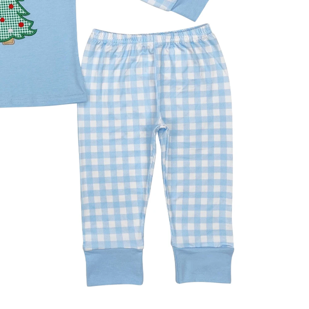 BLP0749 Christmas Tree Embroidered Blue Plaid Cotton Long Sleeve Pants Pajamas Set Casual Western Style with Animal Pattern