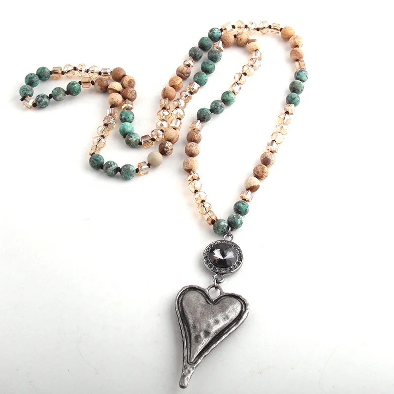 Women 8mm Long Knotted Round Crystal Natural Stone African Turquoise Necklace Big Metal heart Pendant Necklace