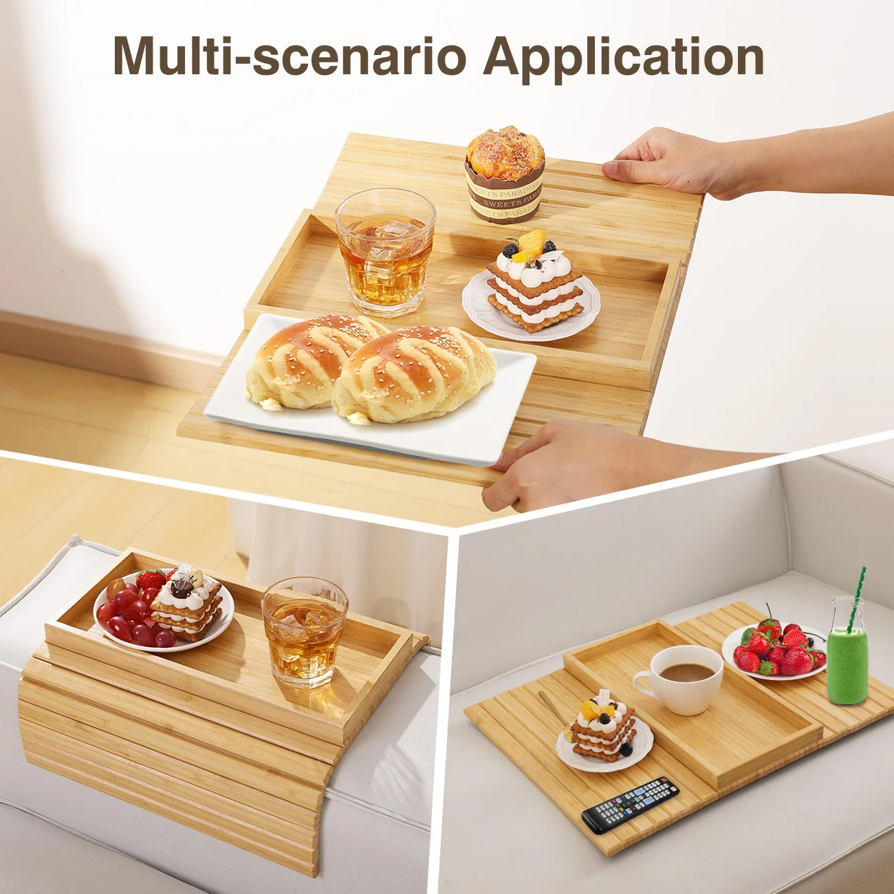 Bamboo wood Sofa Armrest Tray Anti-slip Arm Snack holder tray With Detachable Couch Cup Holder Tray