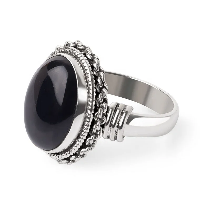 Classic Sterling 925 Silver Oval Black Onyx Aqeeq Rings For Men Double Rope Edge Chain Edge Band Ring