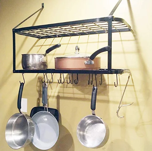 2-tier Wall Mounted Metal Pan Pot Display Rack Dishes Storage Rack for Kitchen