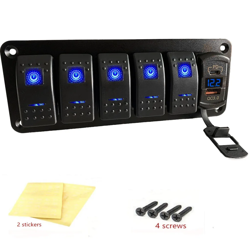 5 Gang кулисный переключатель панель с QC3.0 + PD Dual USB Автомобильное зарядное устройство вольтметр Водонепроницаемый 12V 24V DC для автомобиля грузовика