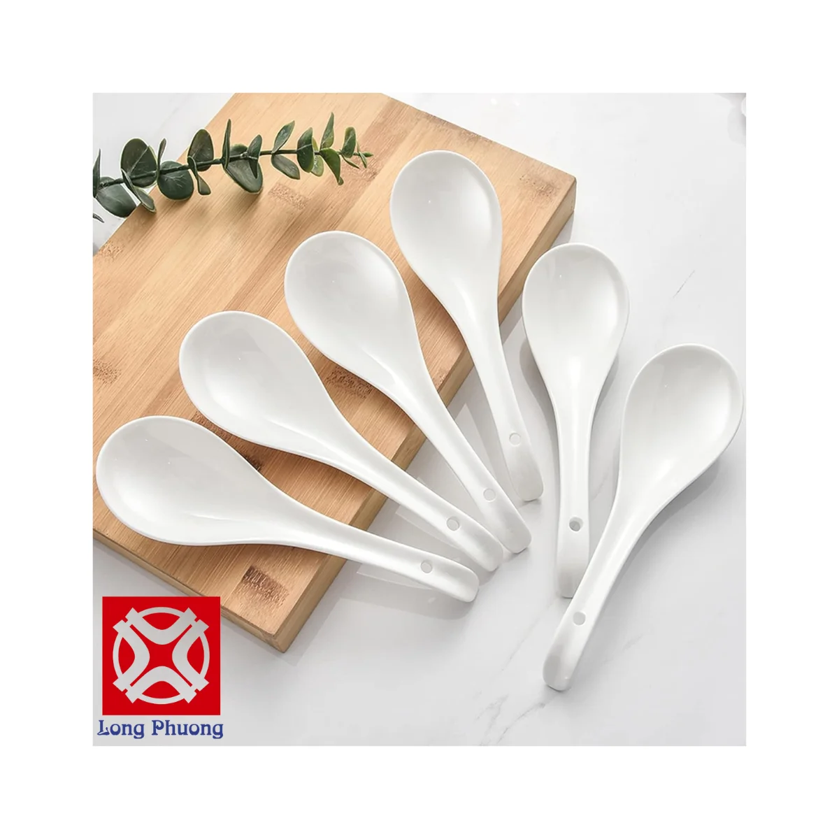 High Quality White Porcelain Curved Spoon Luxury Soup Spoon for Hotel Restaurant Long Phuong Group Supplier