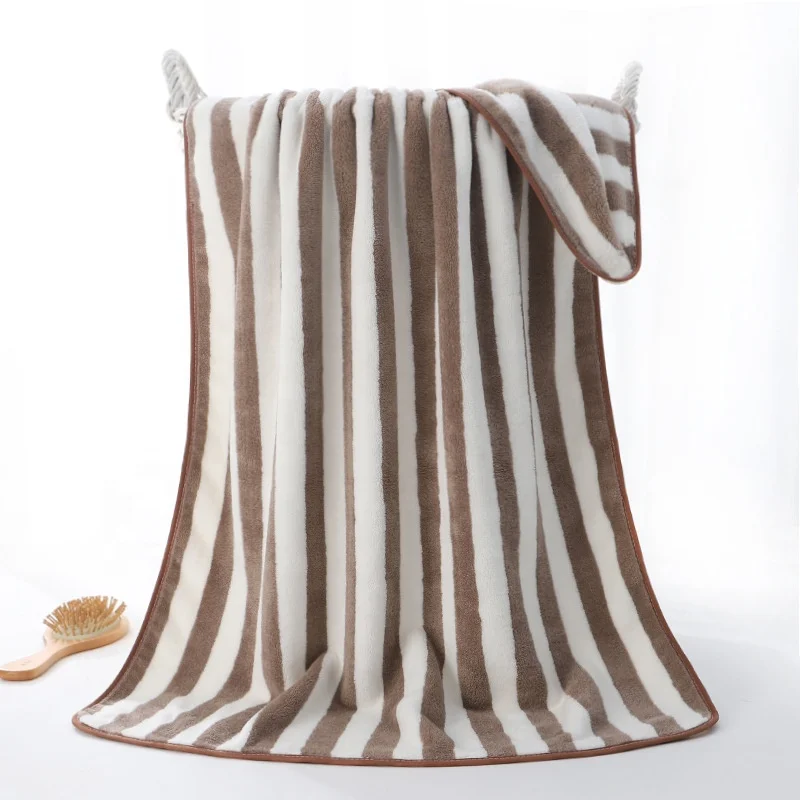 Bath Towel Coral Velvet Deluxe Wholesale Striped Design Hotel Towel Absorbent Thickened Cheap Coral Fleece Bath Towels