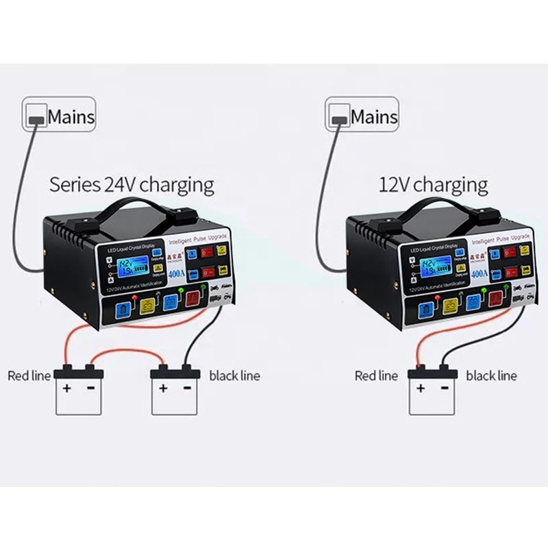 US EU Plug Use 12V24V 220W Car Battery Charger Fully Automatic High Frequency Intelligent Pulse Repair Charger LCD Display