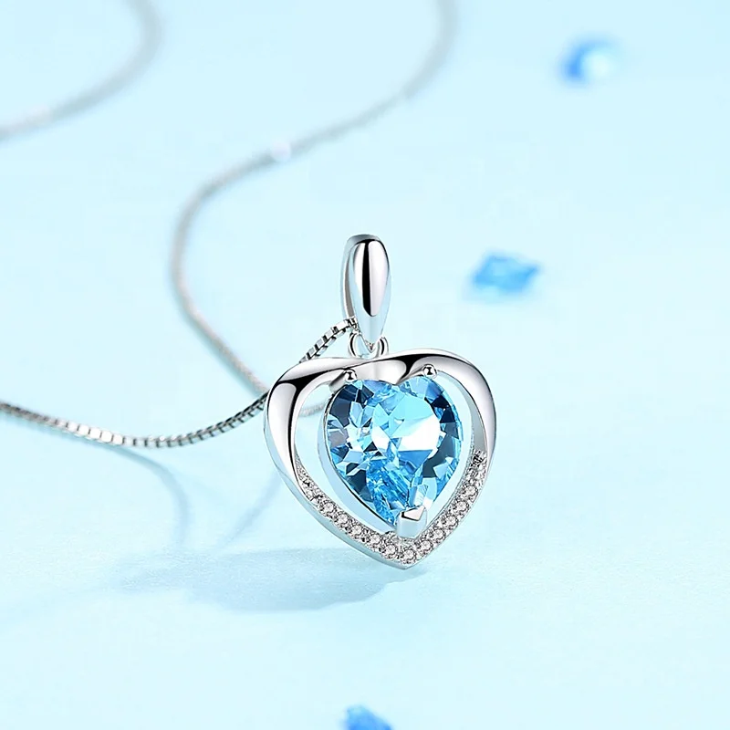 YA122 925 Sterling Silver Mom Necklace with Blue Pink Ocean Heart zircon Crystals Pendant Mothers Birthday Jewelry Gifts
