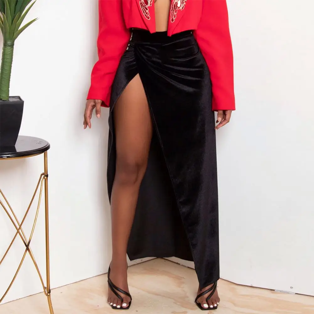 WQ2186 Women Boutique New Black Winter Skirts Women Long Velvet Split Warm Long Skirt For Women