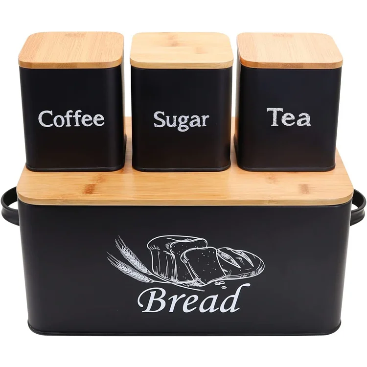 Black Pastry Storage Container Kitchen Bread Box with 3pcs Coffee Sugar Tea Jar Bread Bins Set With Bamboo Board Cover