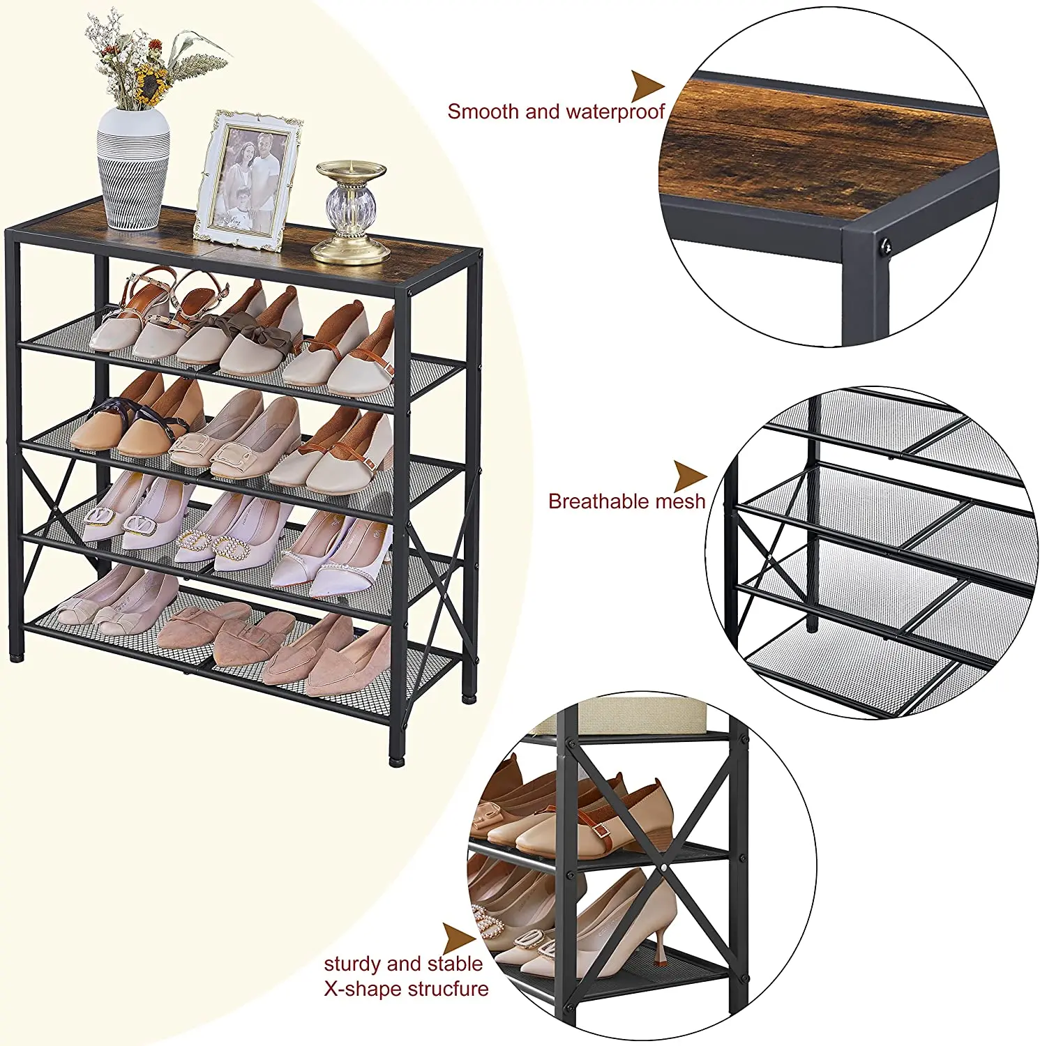 5 Tier Wardrobe Entrance Industrial Metal Mesh Shoe Storage Rack with X Fixed Frame Rustic Brown and Black