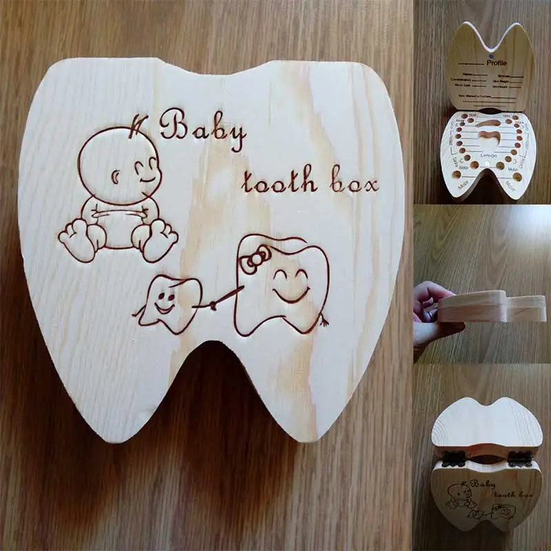Wholesale Kids Wooden Tooth box Portuguese/English /Spanish/ French /Italian Baby First Tooth Box Child Milk Teeth Storage
