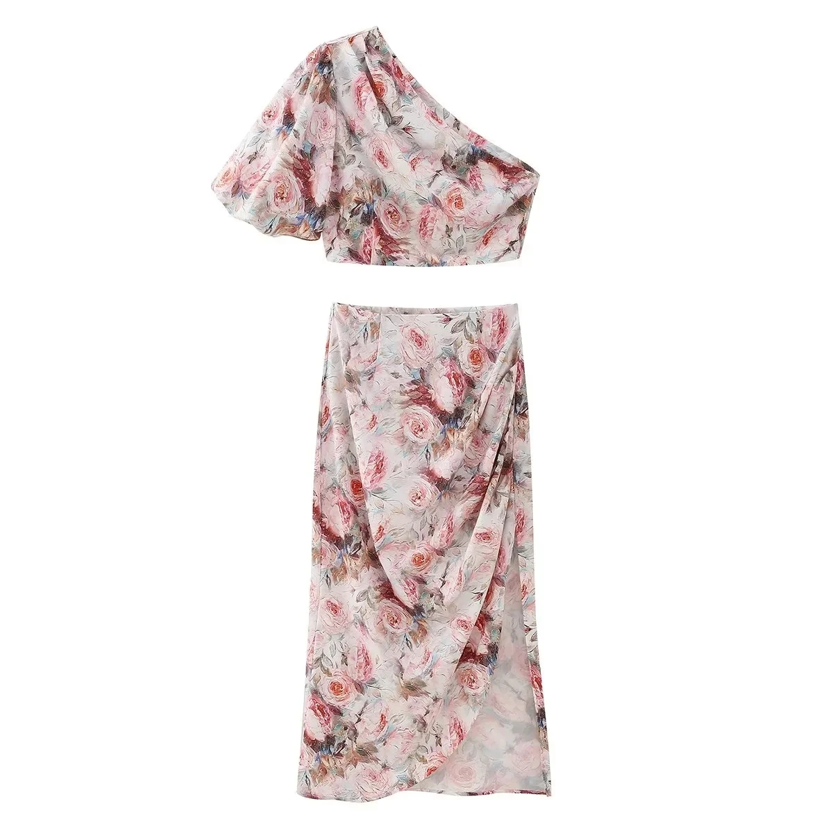 Short sleeve floral print multi color one shoulder design casual fashion tank tops for women