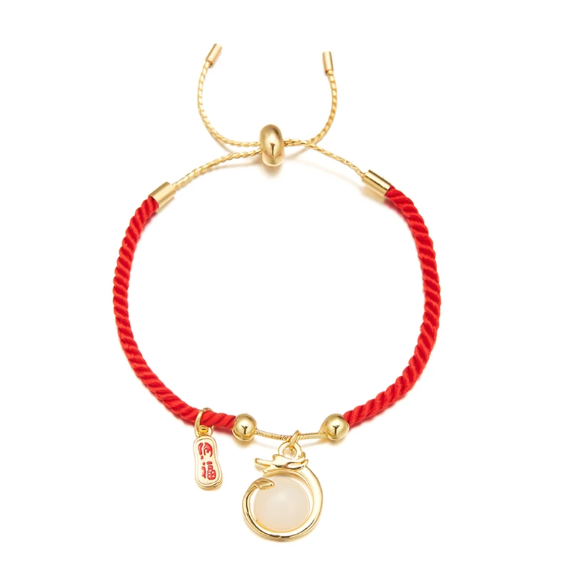 18k Gold Plated Chinese Zodiac Animal Bracelet Red Dragon Rope Braided for Wedding Christian Religious Symbol of Year Dragon