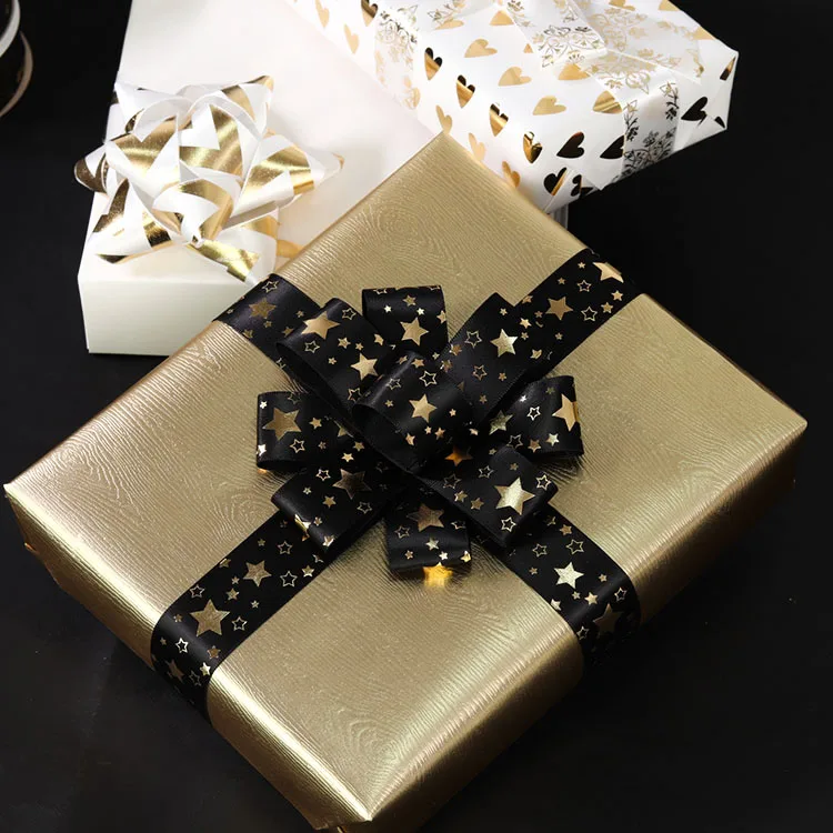 High Quality Custom 19mm 25mm Metallic Gold Foil Printed White Black Satin Ribbon Luxury Design Gift Package Roll