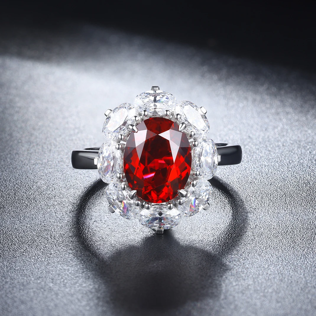 Luxury Oval Cut Ruby 3.29CT S925 Lab Grown Gemstone Halo Rings Engagement Jewelry Women Rings