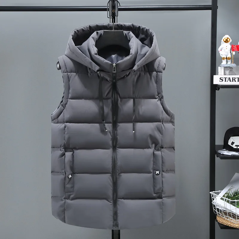Down Jacket Vest Custom Winter Excellent Sleeveless Thermal Down Coat Woven Polyester Men Puffer Removable Hoodie Warm Plus Size