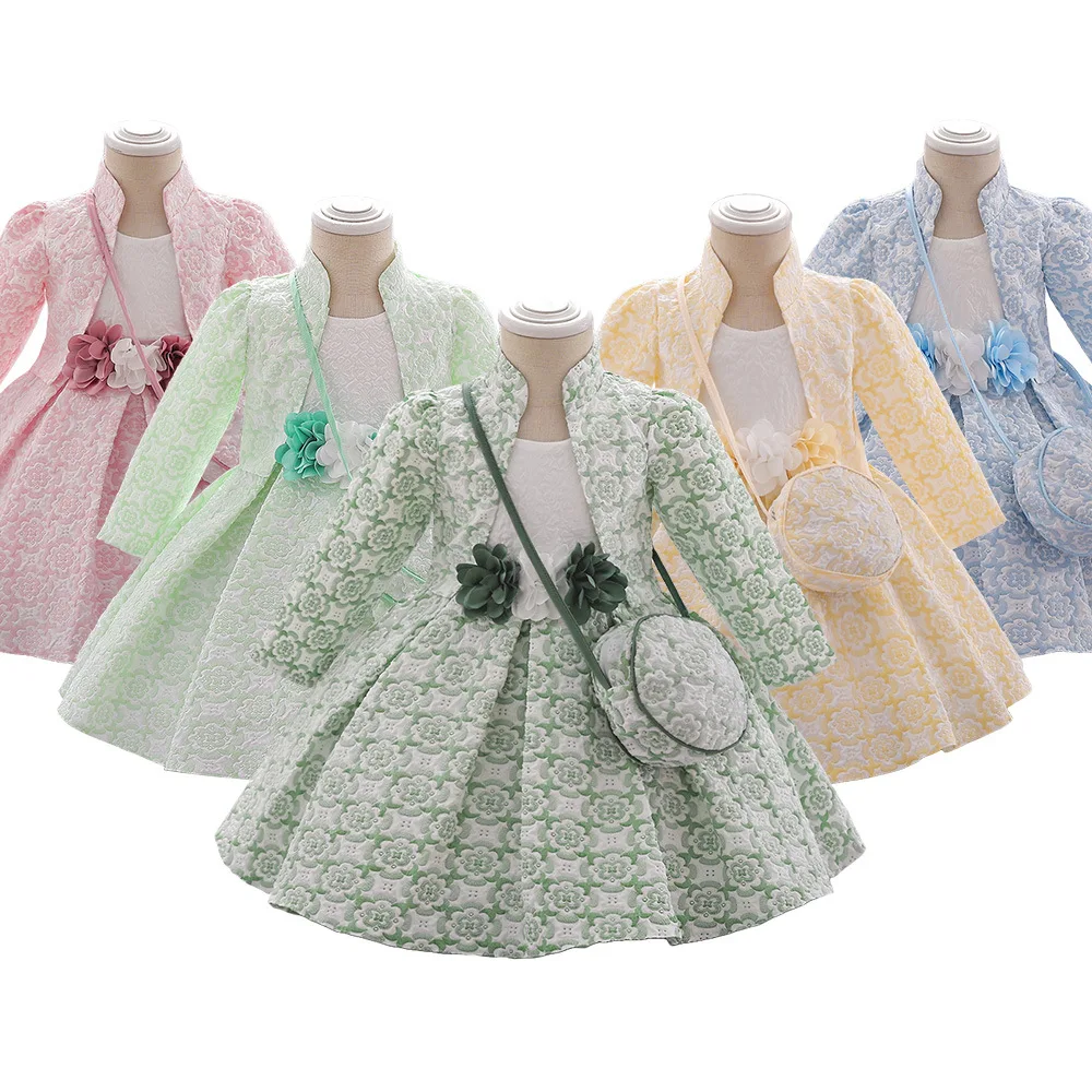 Autumn New Pink Flower Girls Dresses Princess Skirt Mesh Delivery Satchel 3pcs High-end Kids Clothing Baby Girls Party Dress