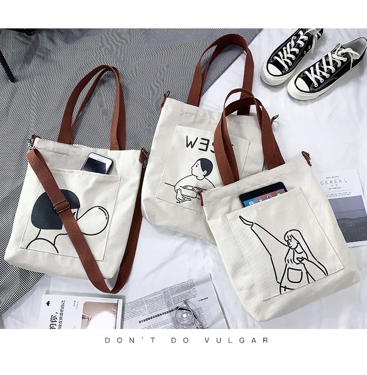 Custom Printed Logo Cotton Canvas Shoulder Bags Personality Crossbody Canvas Shopping Bag with Zipper Shoulder Strap Pocket