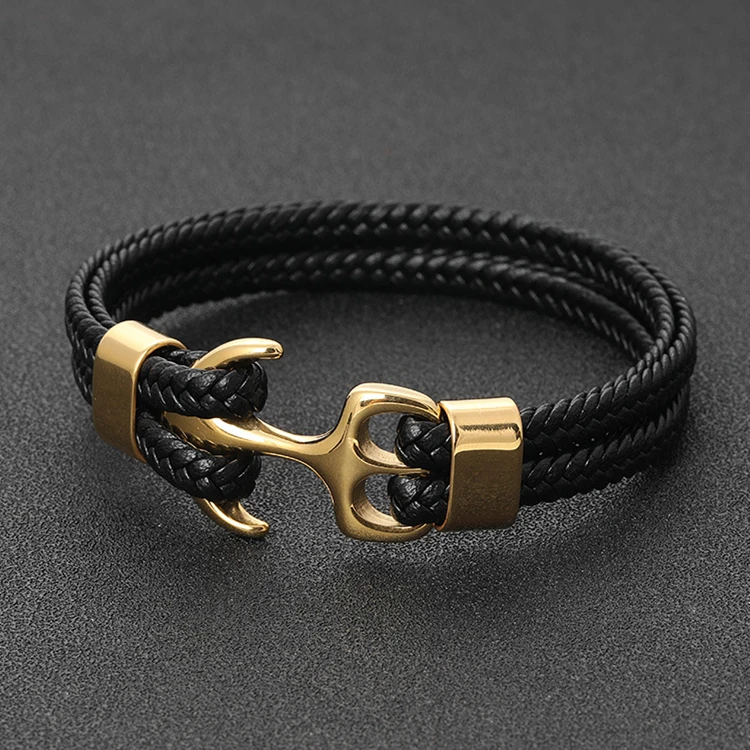 Adjustable Custom Stainless Steel Anchor Handmade Nylon Rope Braided Black Double PU Genuine Leather