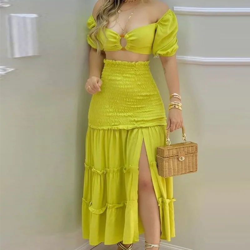 Индивидуальный летний однотонный новый милый модный костюм с длинной юбкой и коротким рукавом для