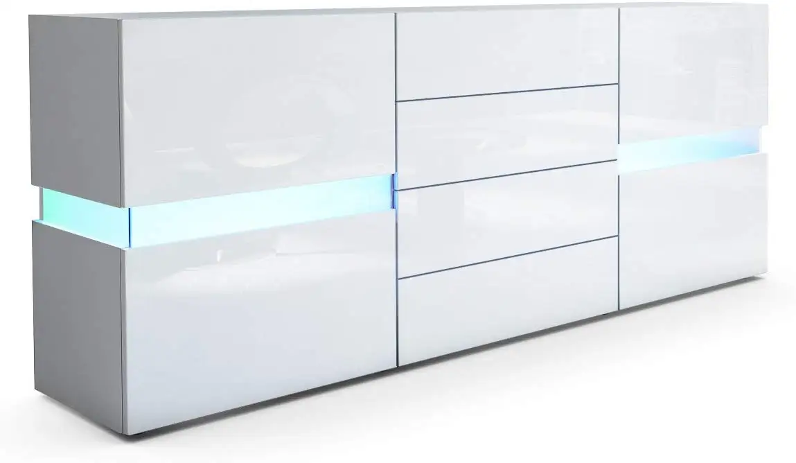 Kitchen Buffet Cabinet,High Gloss Led Sideboard,Storage Server Table With 3 Doors And Open Topper Shelf(white) Cupboard
