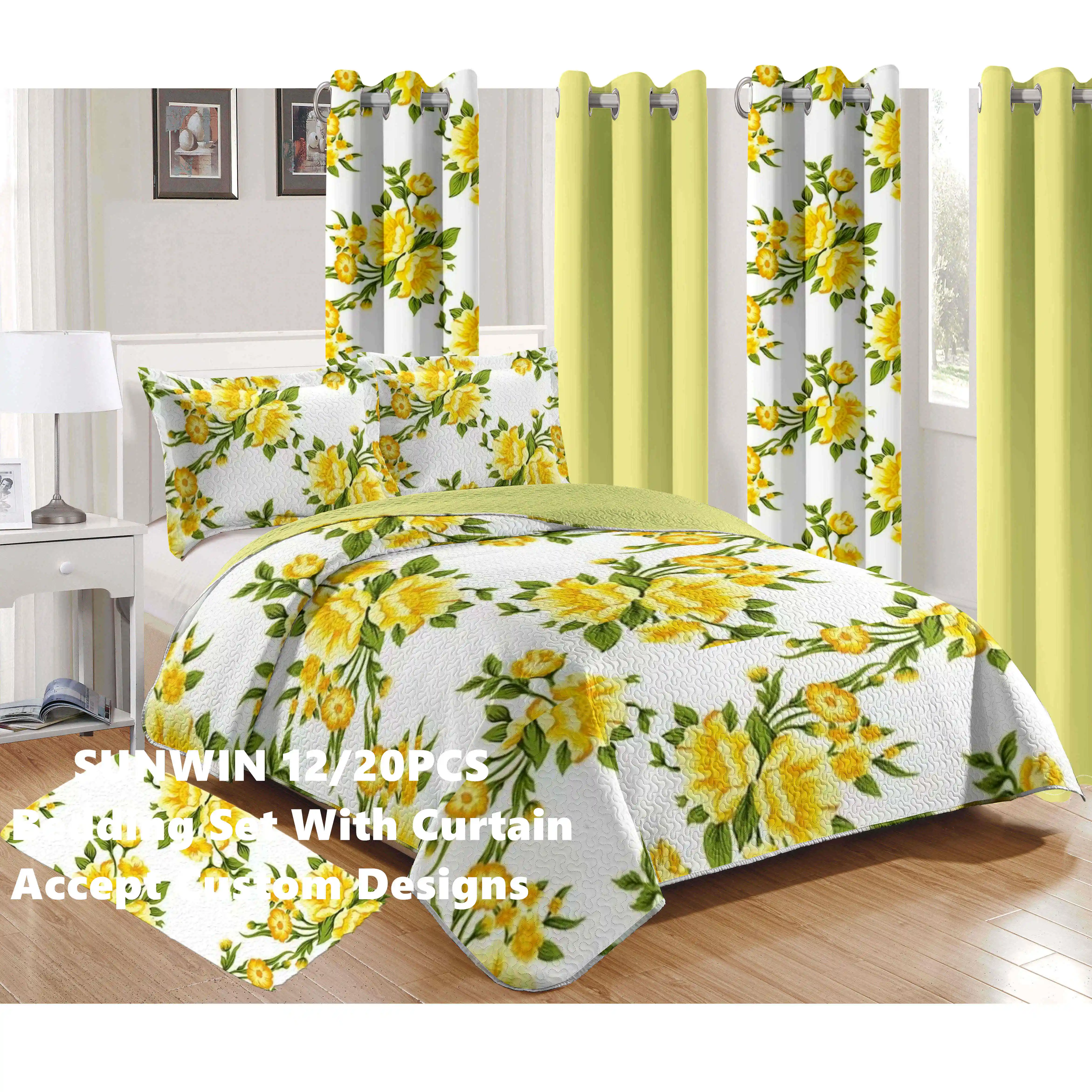 Wholesale King Size Bedspreads Bedding Comforter Set Soft Floral Printed Full Cotton Bed Quilt With Matching Curtain