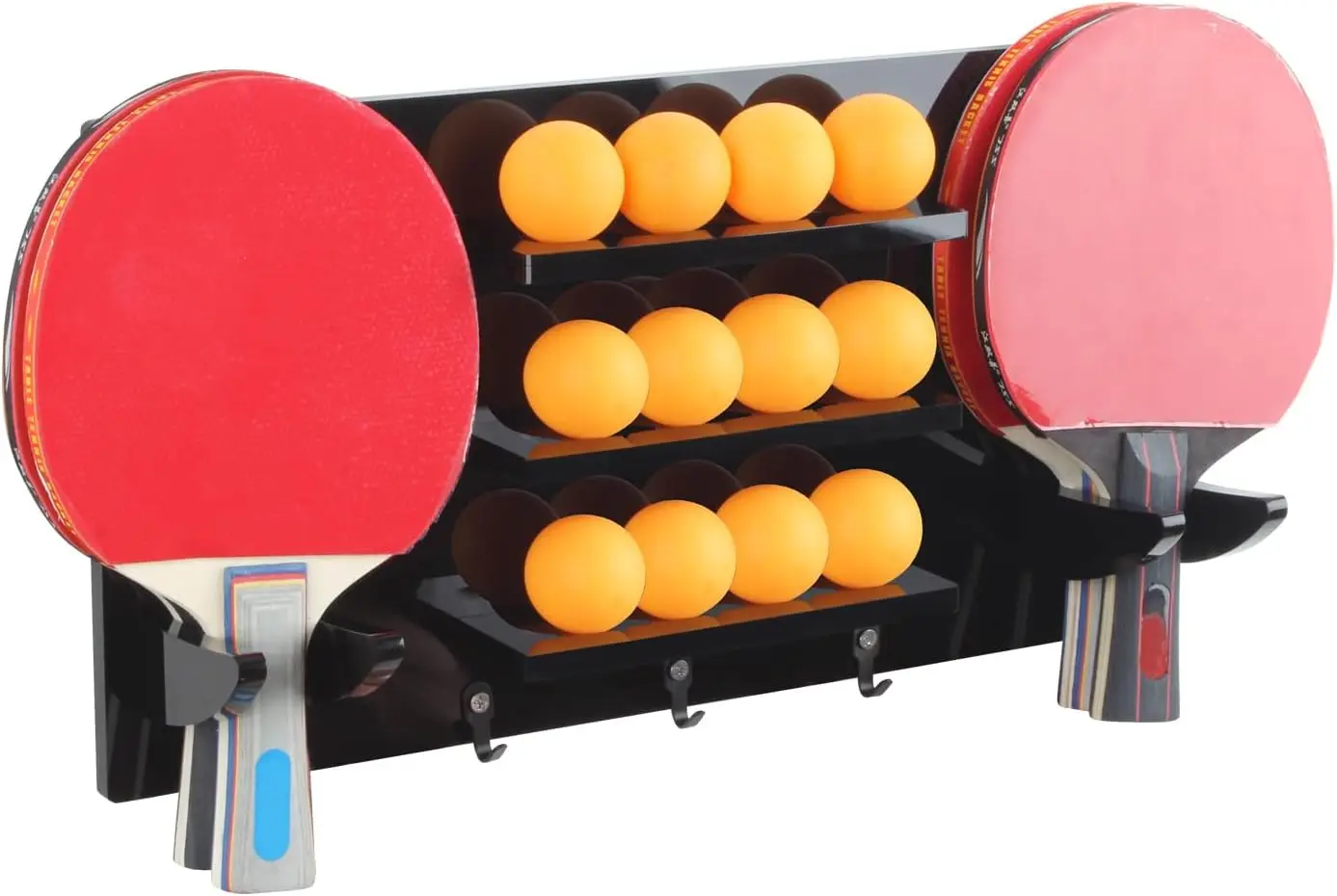 Ping Pong Paddle and Balls Holder with Hooks, Wall Mounted Table Tennis Storage Rack for 6 Bats and 12 Balls
