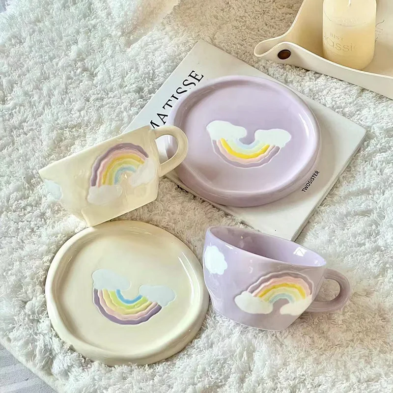 Wholesale Custom250ml Japan Hand Painted Rainbow Classic Porcelain Ceramic Milk Coffee Tea Cup and Saucer Set