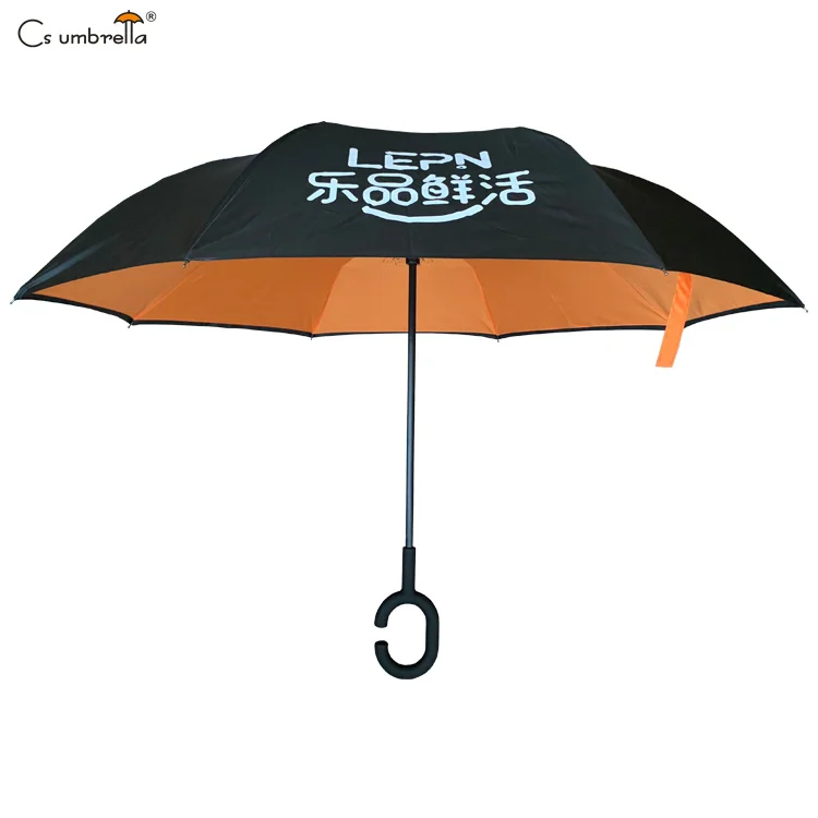 YS-8070 Upside Down Double Layer Inverted Umbrella Custom Logo Windproof Manual Open and Close C- Handle Reverse Umbrella