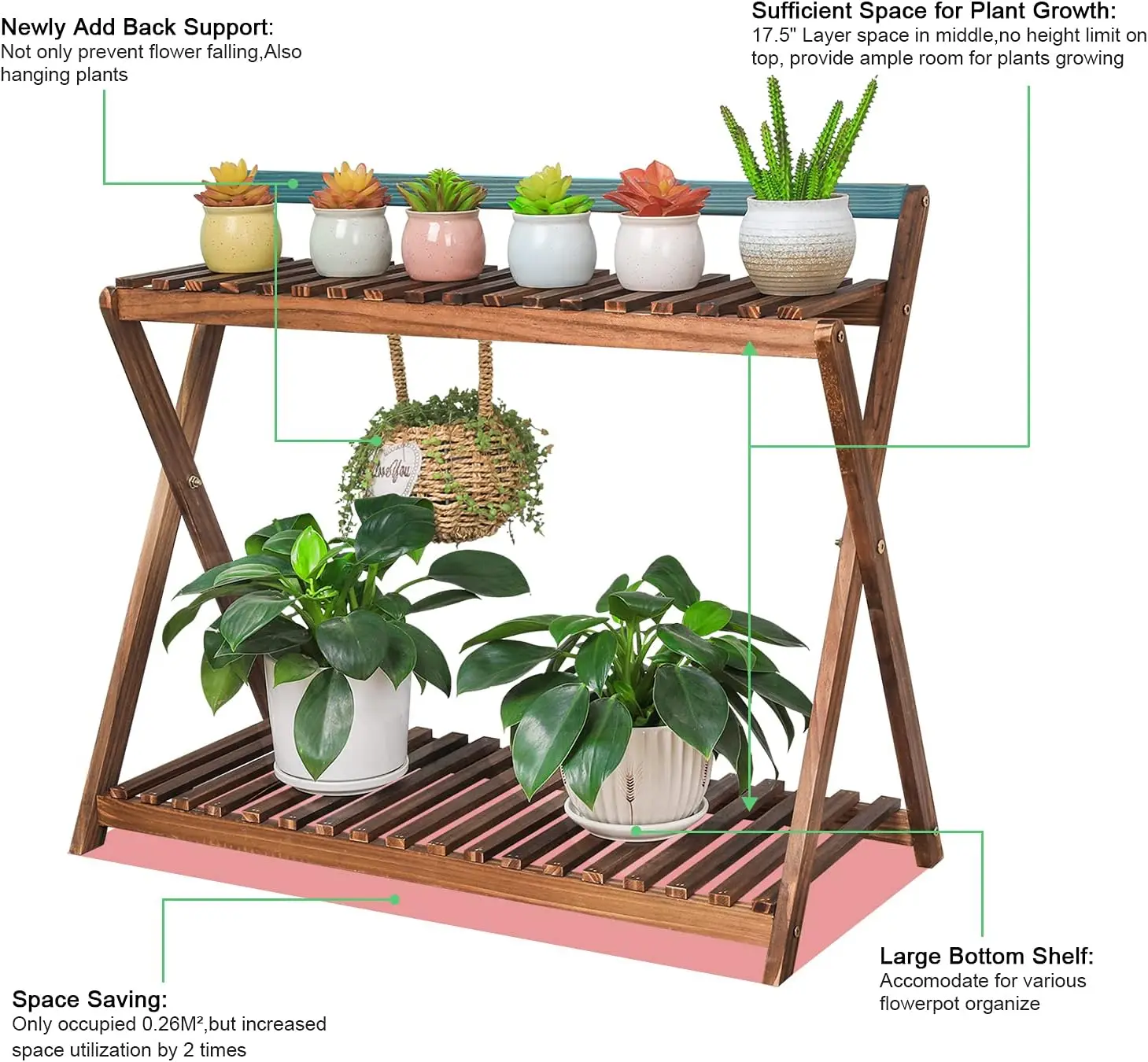 Indoor Plant Stand for Multiple Plants 2 Tier Wood Corner Plant Shelf Rack with Planter Hanger Outdoor Flower Pot Stand Holder