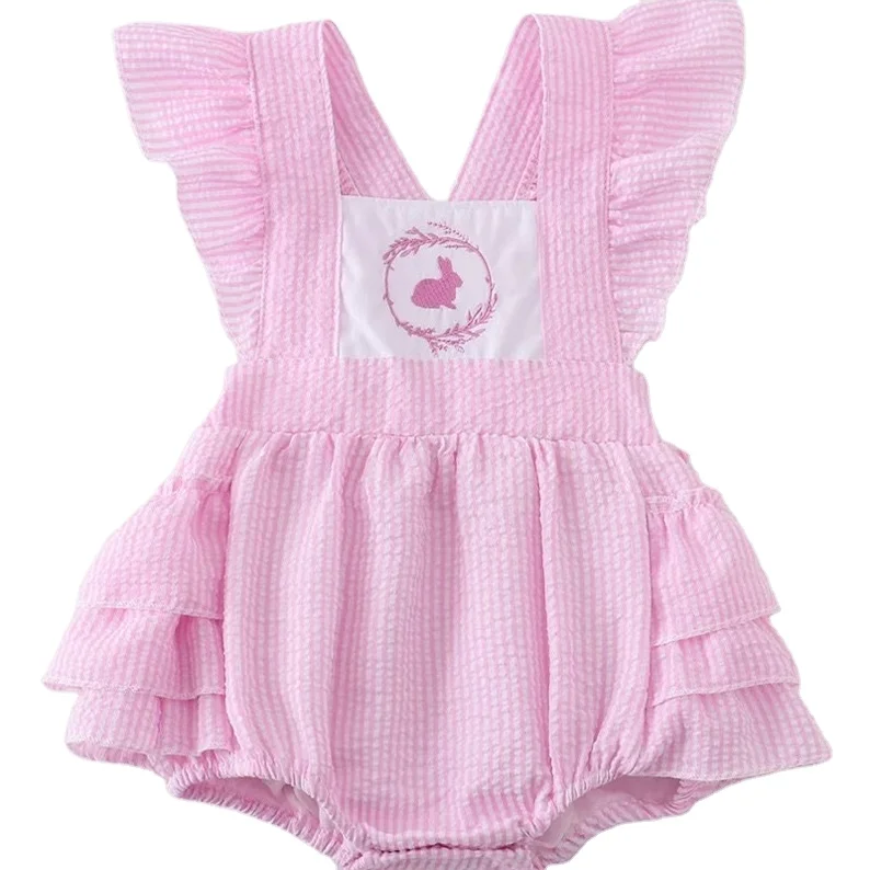 Custom Summer Pink Plaid Flying Sleeves Cute Easter 100% Cotton Natural Organic Baby Rompers Kids Clothing Baby Clothes
