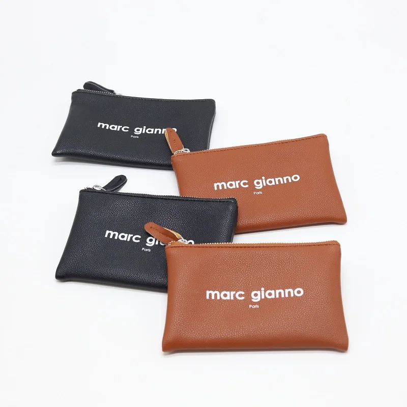 Custom Coin Purse Zipper Pouch With Logo Black And Brown Pu Leather Zip Packaging Bag