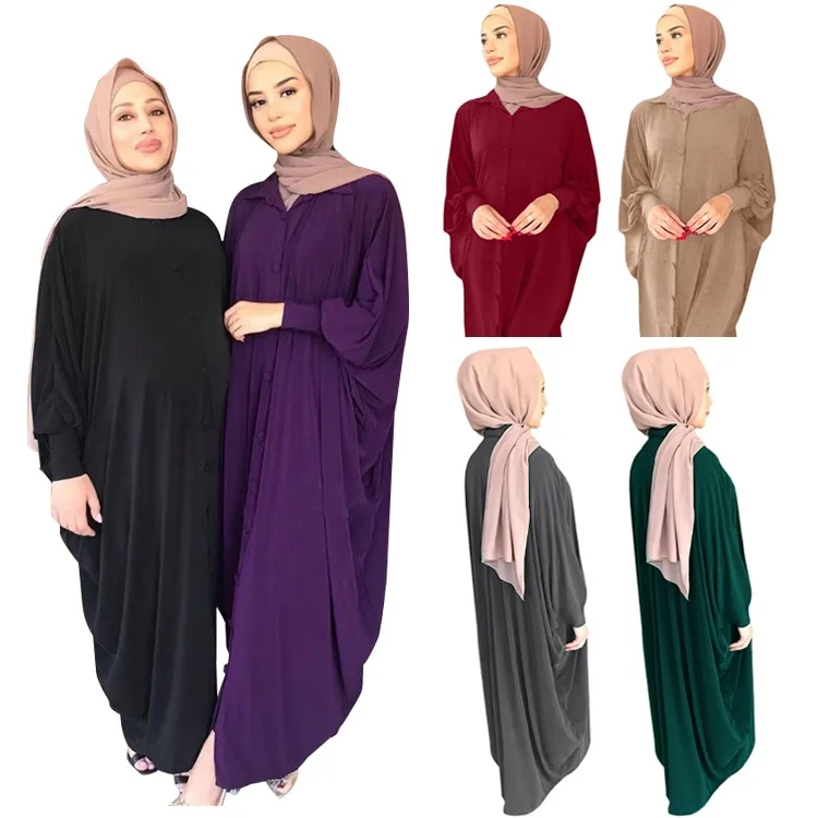 Wholesale Bat Sleeve Button Soft Plain Black Abaya Dubai Long Dress Islamic Clothing Pregnant Women Dresses Muslim Kaftan