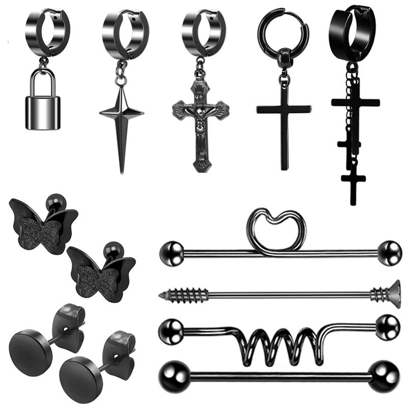 Fashion Black Stainless Steel Cross Men Earrings Hoop Punk Jewelry