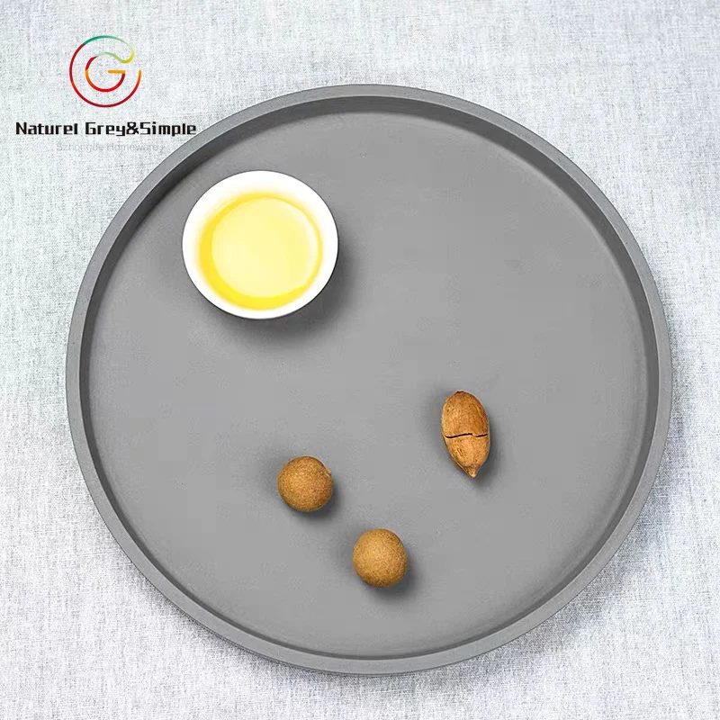 Natural Stone Matt Light Gray Concrete Cement Circle Round Platter Serving Tray