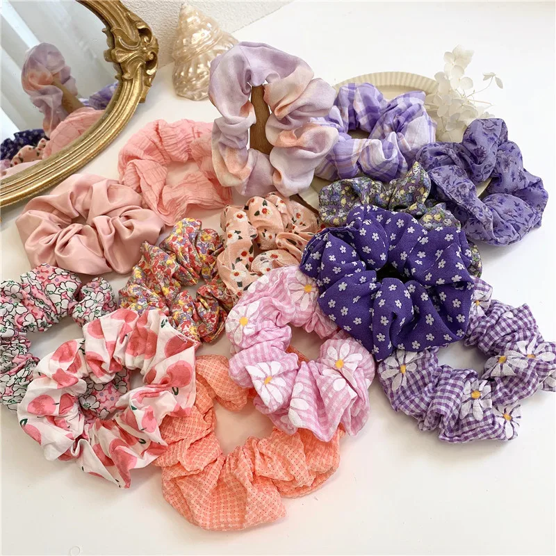 Wholesale Retro French Flower Plaid Scrunchies Pony Tail Holder Hair Band Cute Scrunchies For Girls