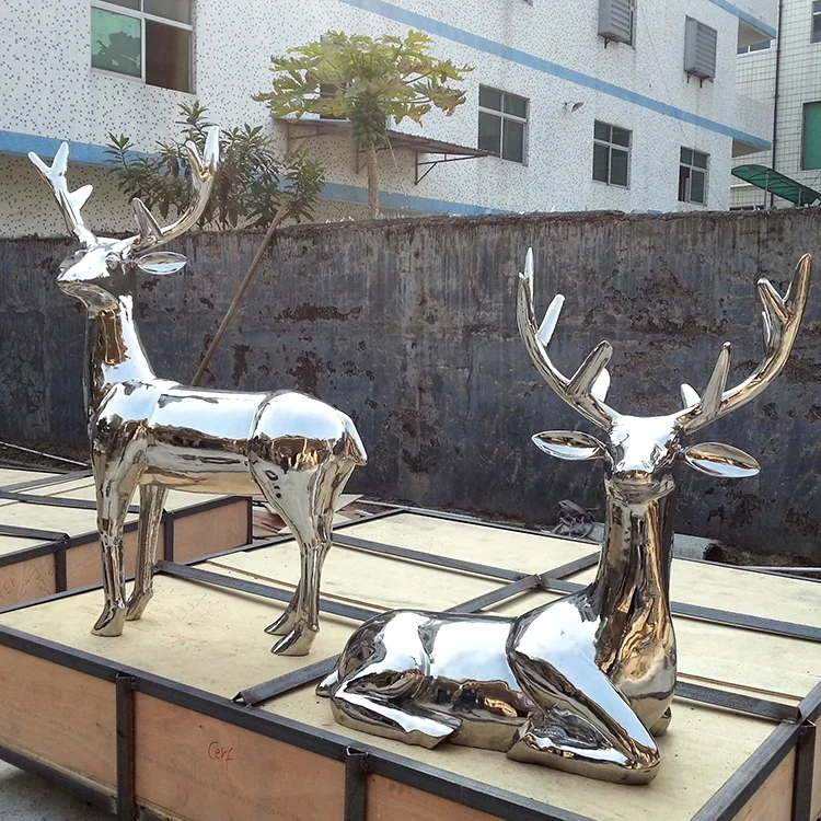 Contemporary garden animal statue life size stainless steel mirror finishing deer sculpture