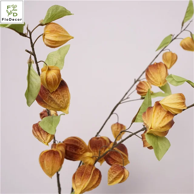 2024 New Arrival PU Poha Berry Fruits Artificial Hanging Autumn Long Branch Flower Physalis Peruviana Floral Arrangement