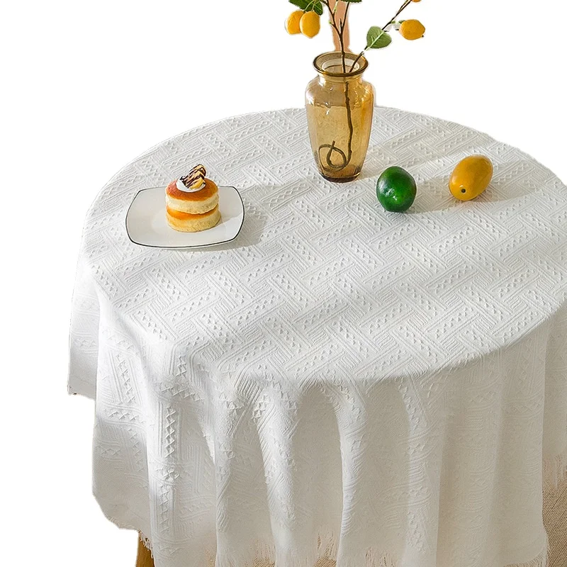 Embroidered Cotton Linen Tablecloth with Small Tassels Wrinkle-Free Washable Square Cover for Coffee Table for Home Use