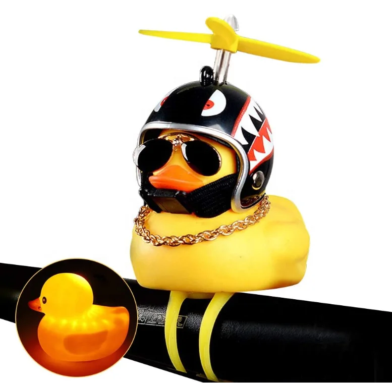 
Rubber Yellow Bike Duck Toy Car Dashboard Ornaments Decorations Squeeze Duck Bicycle Air Horn Light with Helmet and Rubber Band 