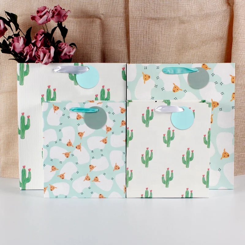 New double-sided printing embossed craft cactus handbag sheep flocking craft gift bag shopping bag paper bag