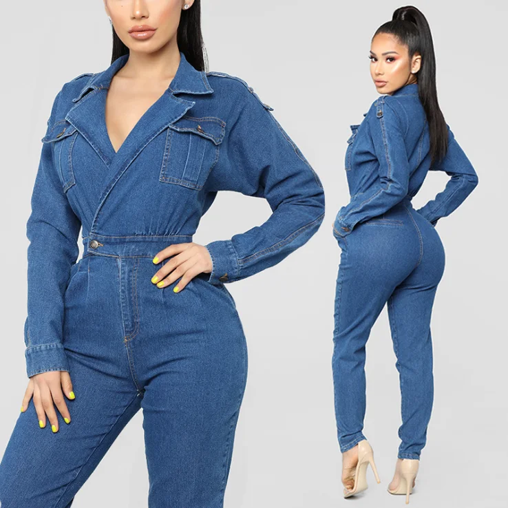 2019 Autumn High Quality Women  Denim Romper Long Sleeve V-Neck Jean Jumpsuits