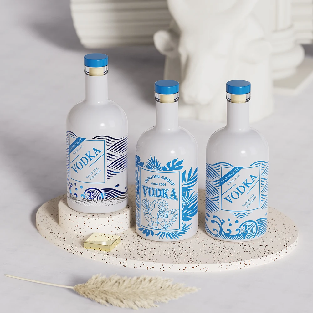 Wholesale Customized Shrink Film Label Wedding Glass Wine Bottle for Whiskey Brandy Tequila Bottle Cork Lids