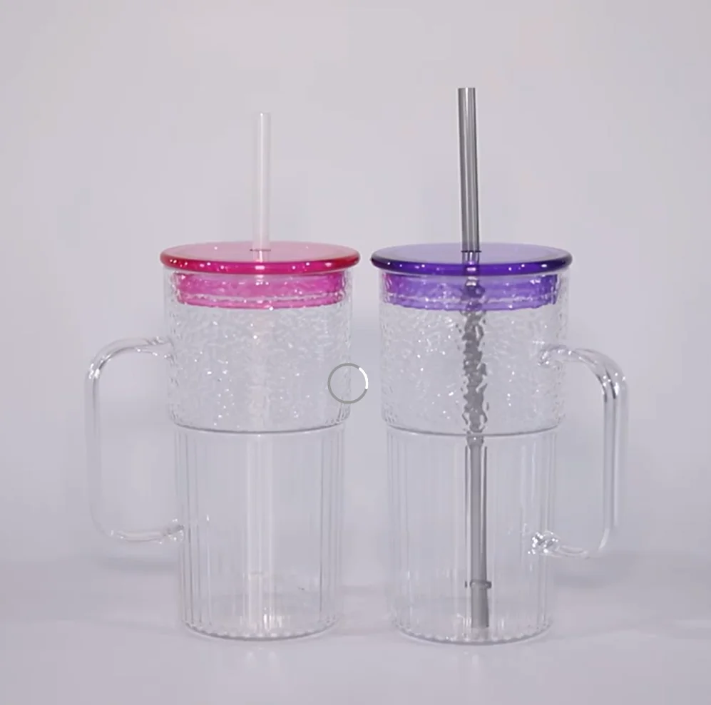 Wholesale Clear Drinking Cup Water Mug with Straw and Lid plastic Glass Tumbler Coffee Mugs Presents Glass Cup Strap handle